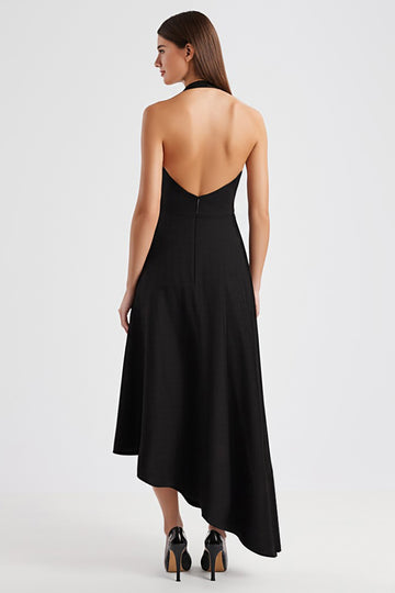 Halter A Line Black Asymmetrical Formal Dress